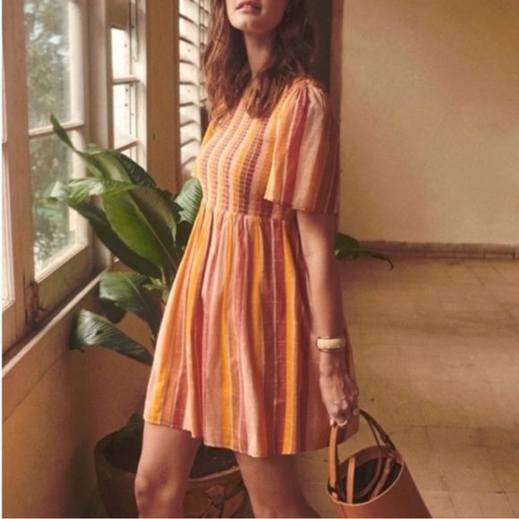 Sezane Magda Mini Dress Cotton Orange Pinstripe Smocked Metallic Sz 36 US S - Picture 2 of 16